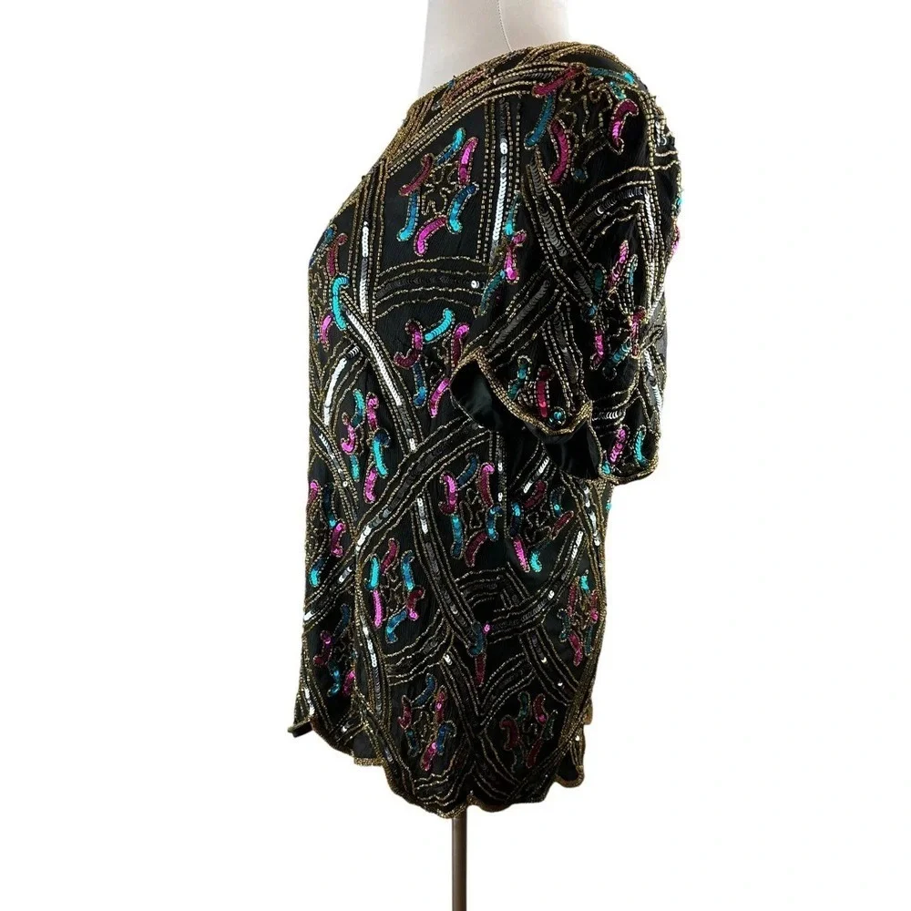 Vintage Papell Boutique Silk Sequin Beaded Embellished Top Black Plus Size 2X - Picture 4 of 12